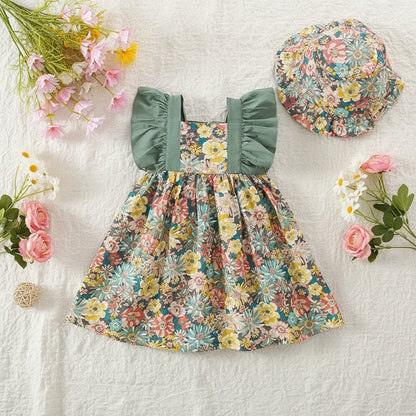 Robe Petite Fille Fleurie à Volants avec Chapeau - Coton doux - Choupinoo
