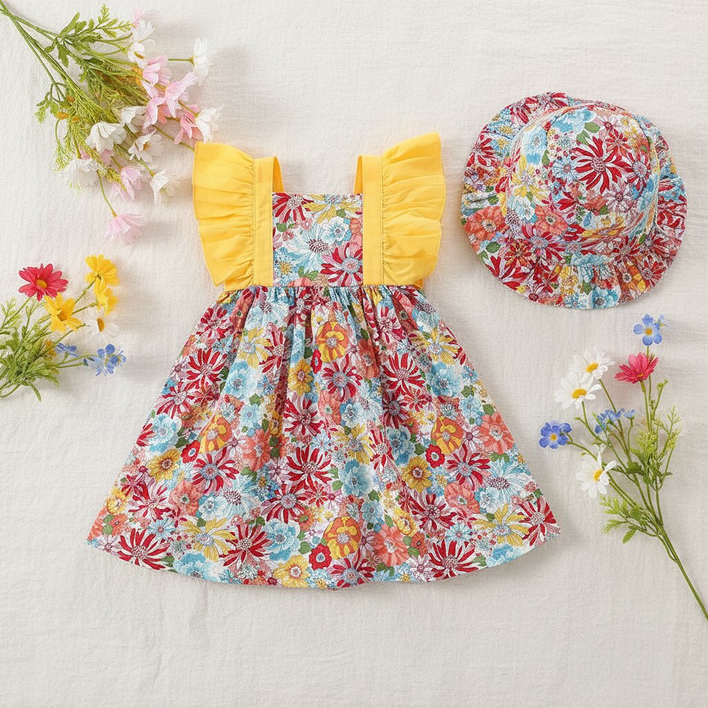 Robe petite fille jaune fleurie volants été - petite fille jardin fleuri