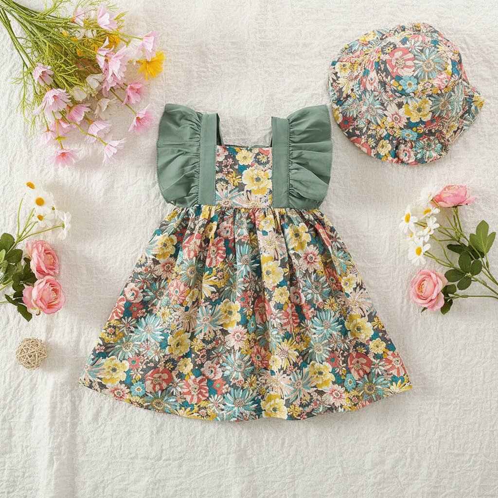 Robe peti fille verte fleurie volants avec chapeau bob 