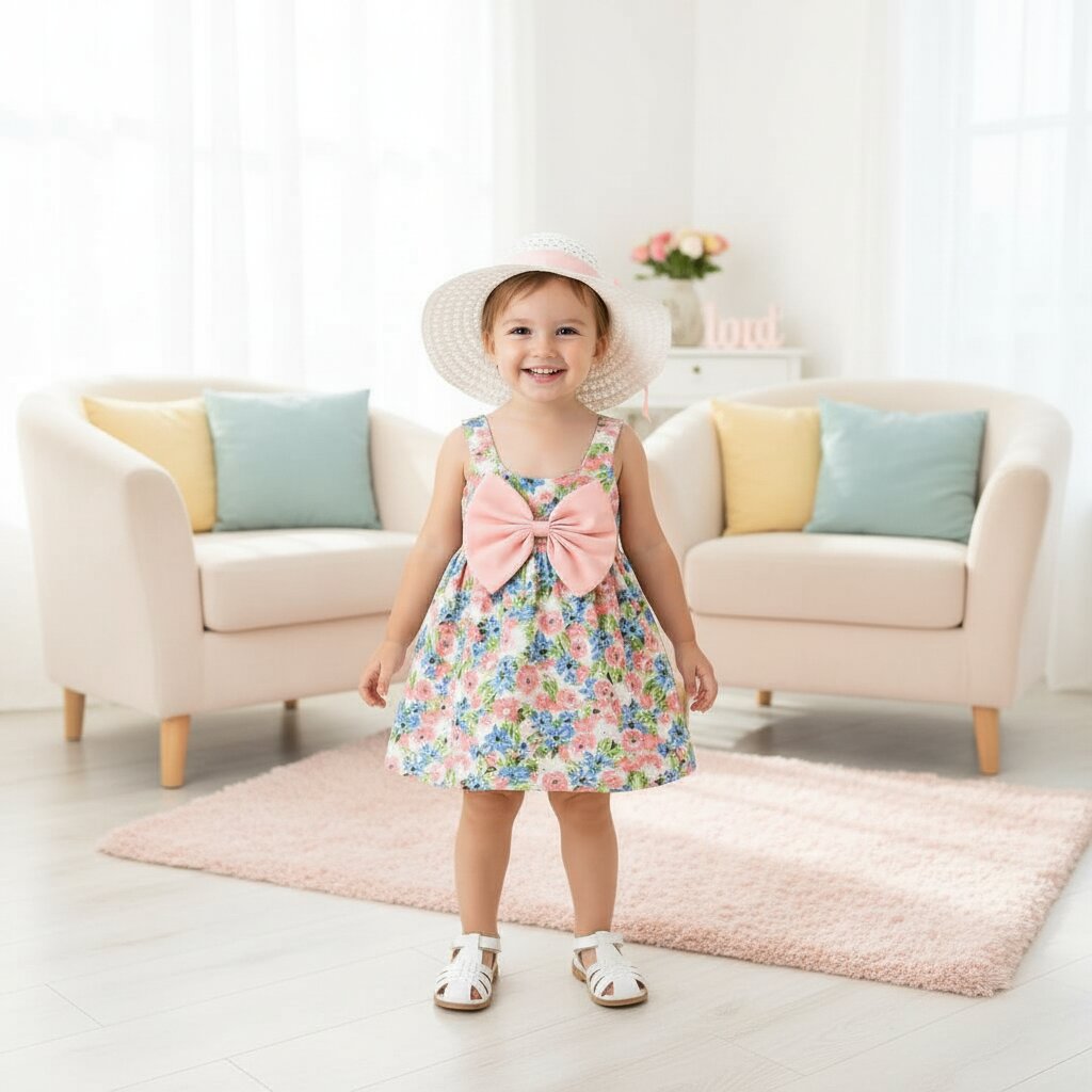 Robe Fille Été avec Chapeau Assorti | Ensemble Fleuri 1-3 ans🌸