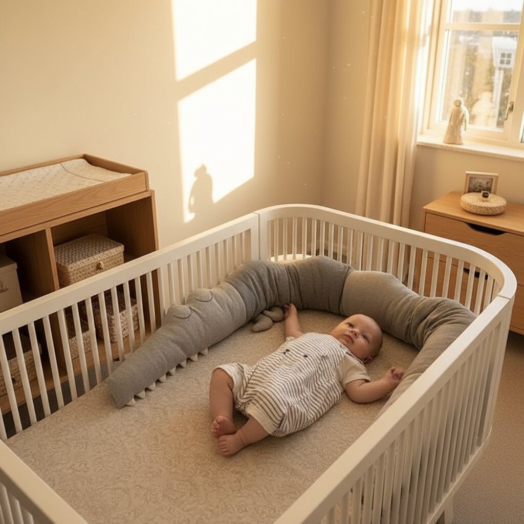 Bébé couché dans son lit avec le tour de lit crocodile en peluche - Choupinoo