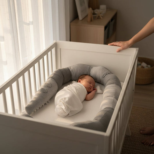 Bébé endormi dans son lit avec le tour de lit crocodile en peluche