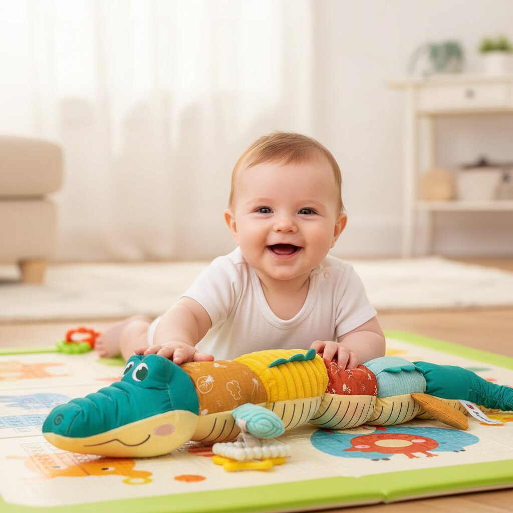  face à face avec la peluche croco doudou — bébé captivé, tend les bras vers la tête teal