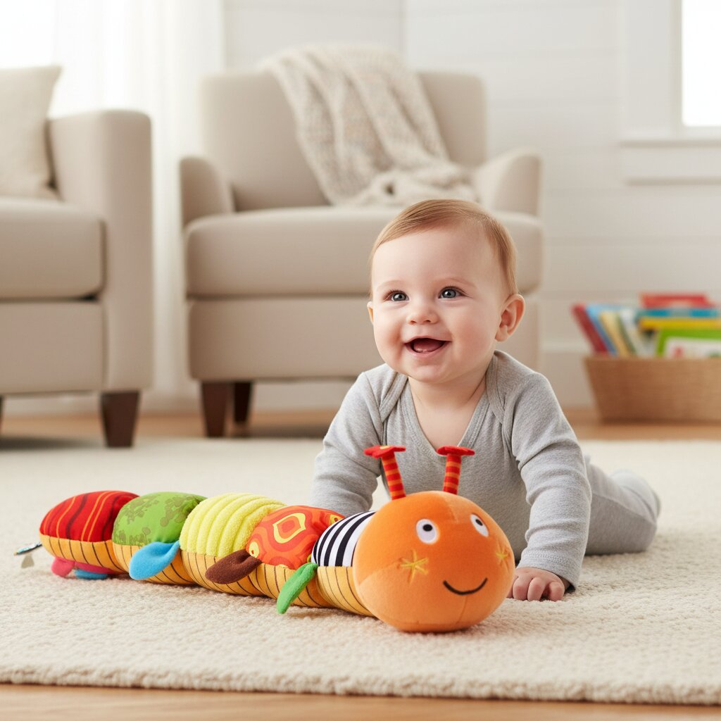 Le tummy time — bébé face à face avec la tête souriante de la chenille, complètement captivé